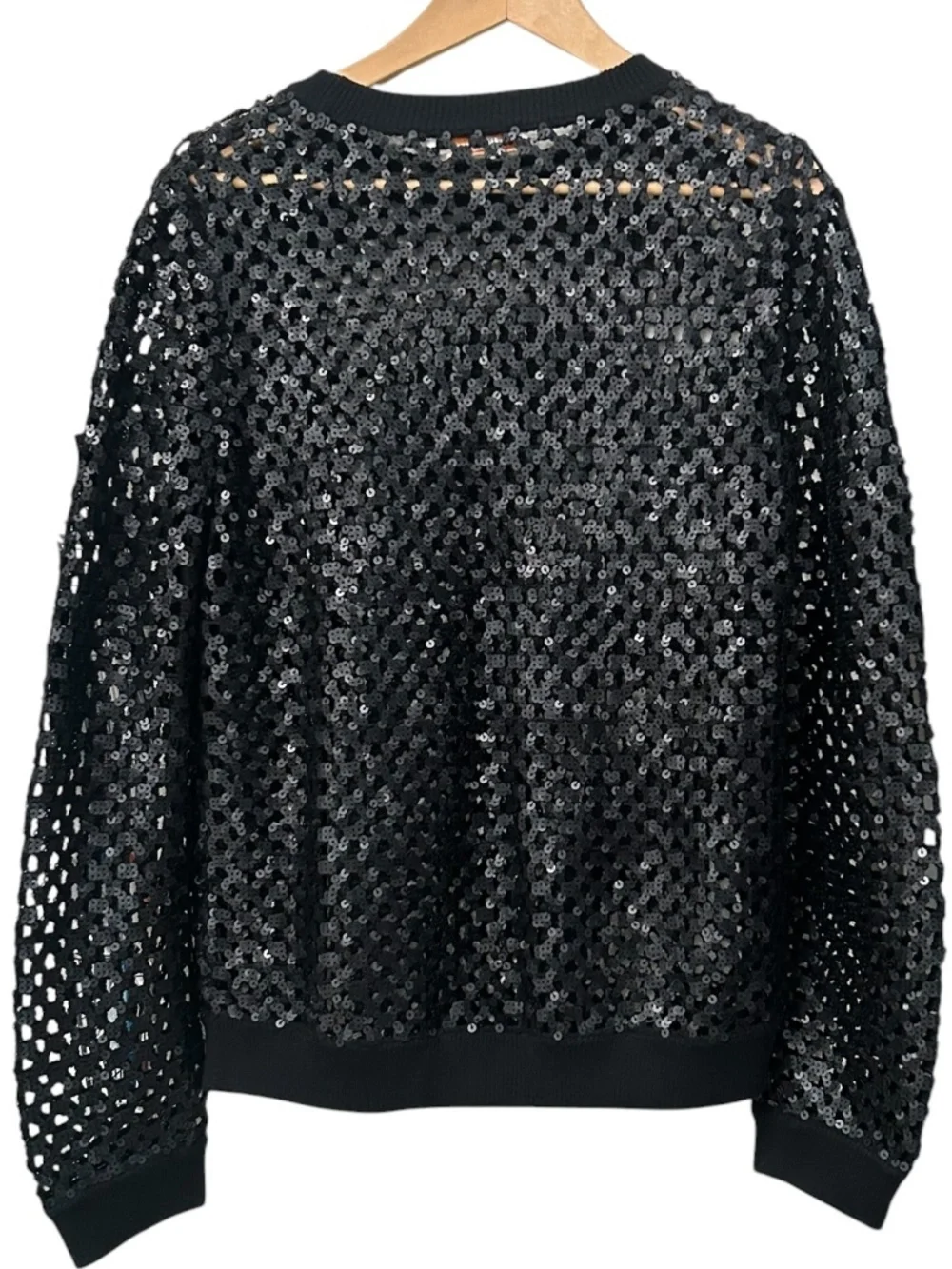Tory Burch Black Lansing Merino Wool Blend Open Knit Sequin Sweater Women's M